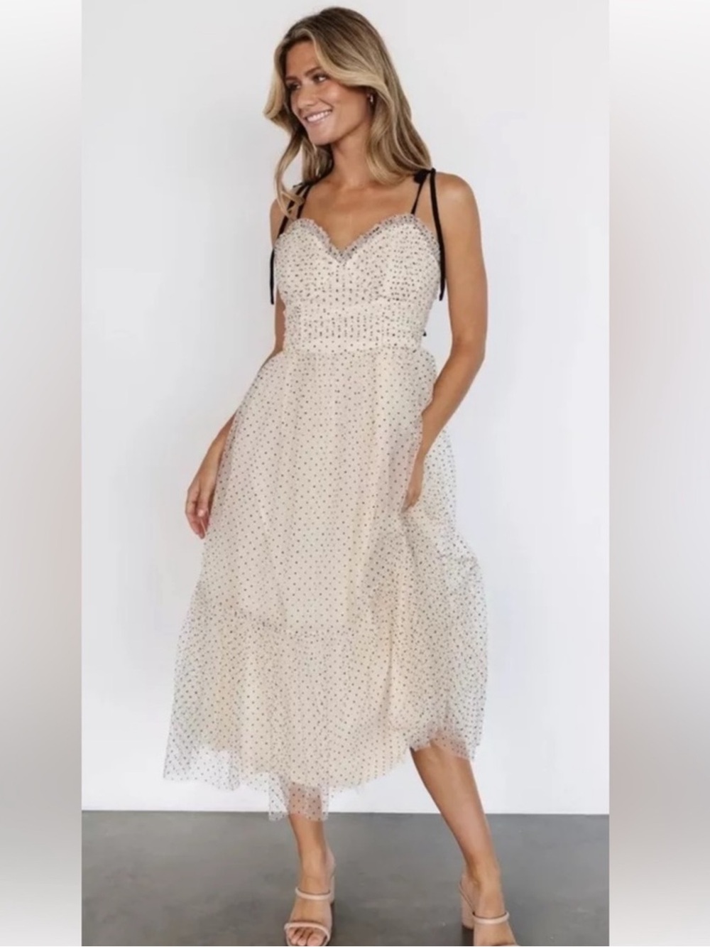 Baltic Born Izzy Tulle Midi Dress Size Large Cream Black Polka Dots